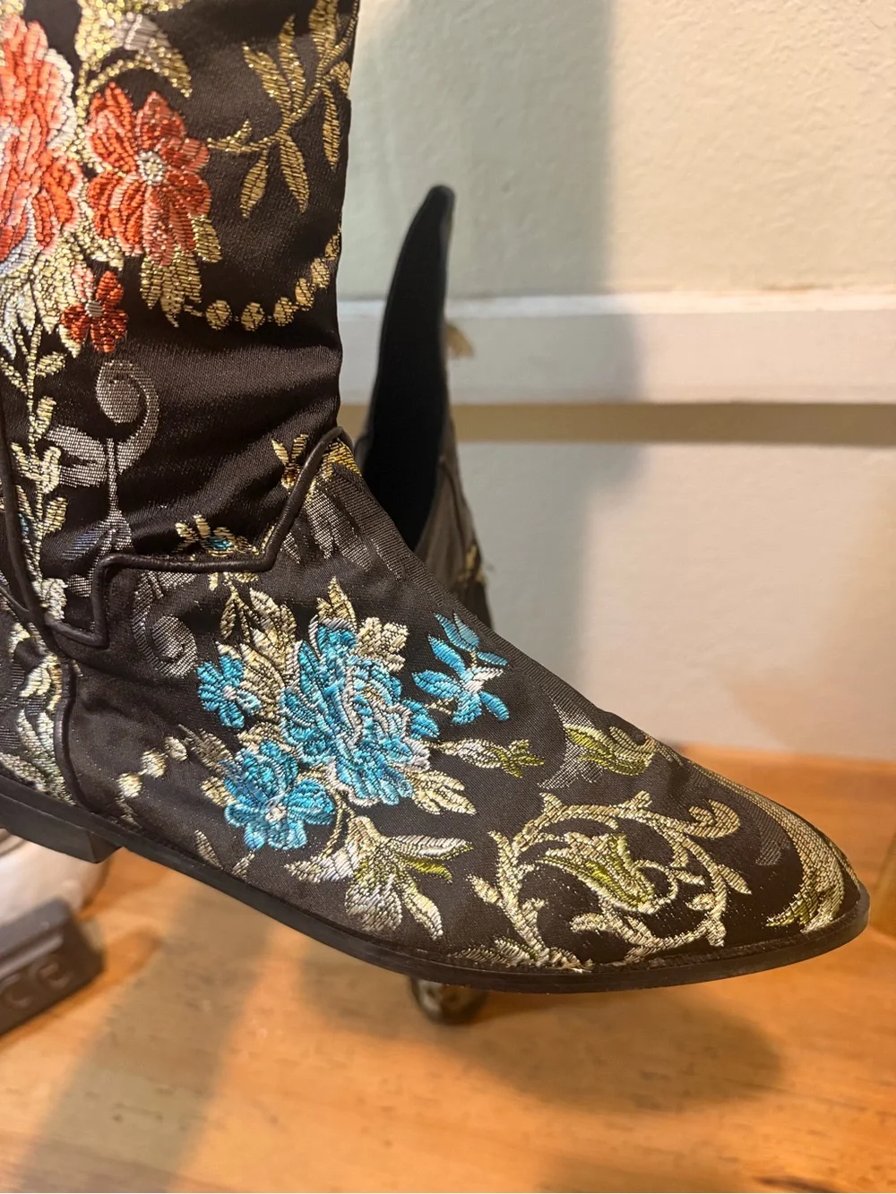 VTG RARE 80s Brocade/Leather Trim Tassel over the knee Flat Boots boho Gypsy 60s